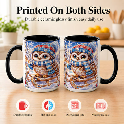 #pl[15oz|Black] Ornate Winter Owl Coffee Mug, Snowy Sled Owl Mug, Ceramic Cup