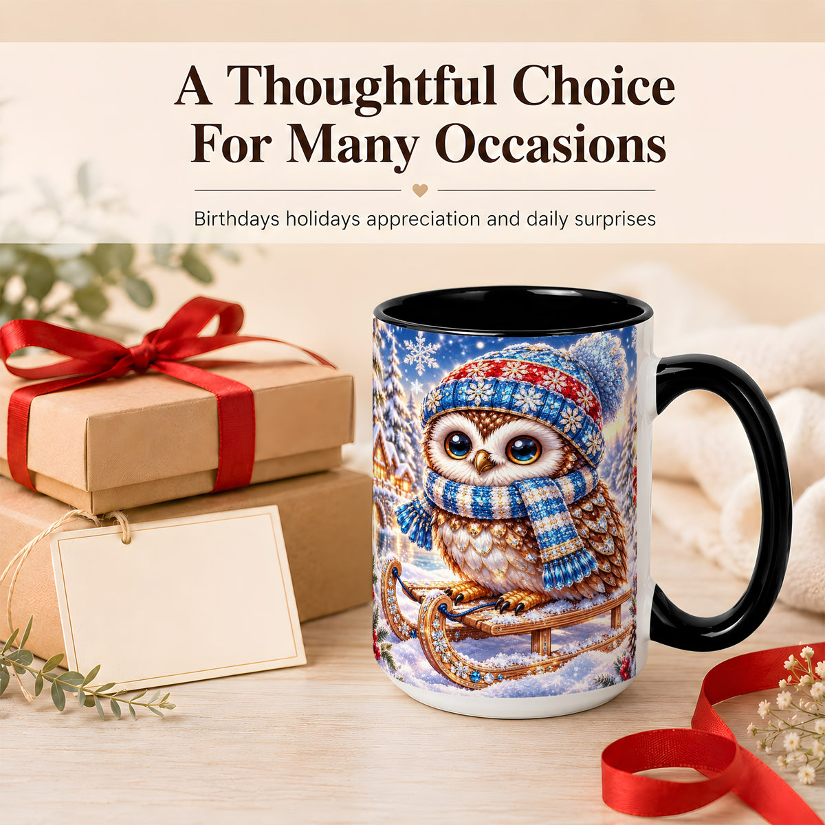 #pl[15oz|Black] Ornate Winter Owl Coffee Mug, Snowy Sled Owl Mug, Ceramic Cup