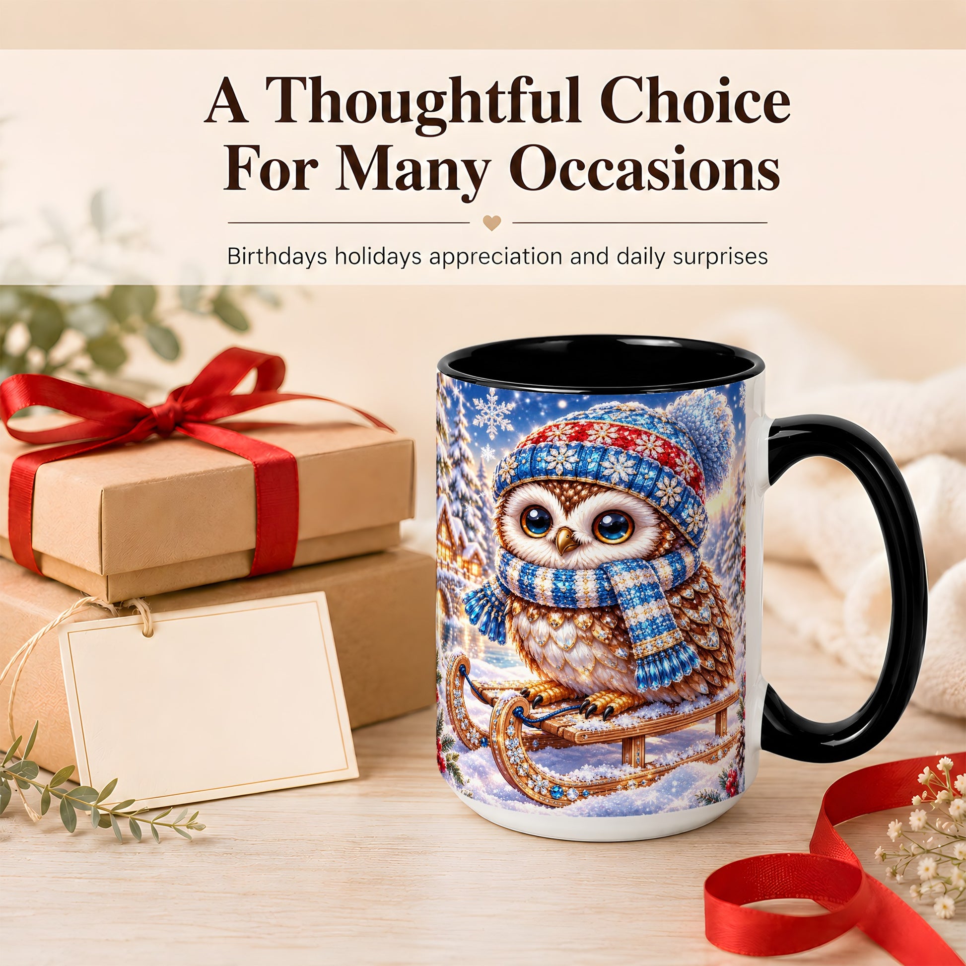 #pl[15oz|Black] Ornate Winter Owl Coffee Mug, Snowy Sled Owl Mug, Ceramic Cup