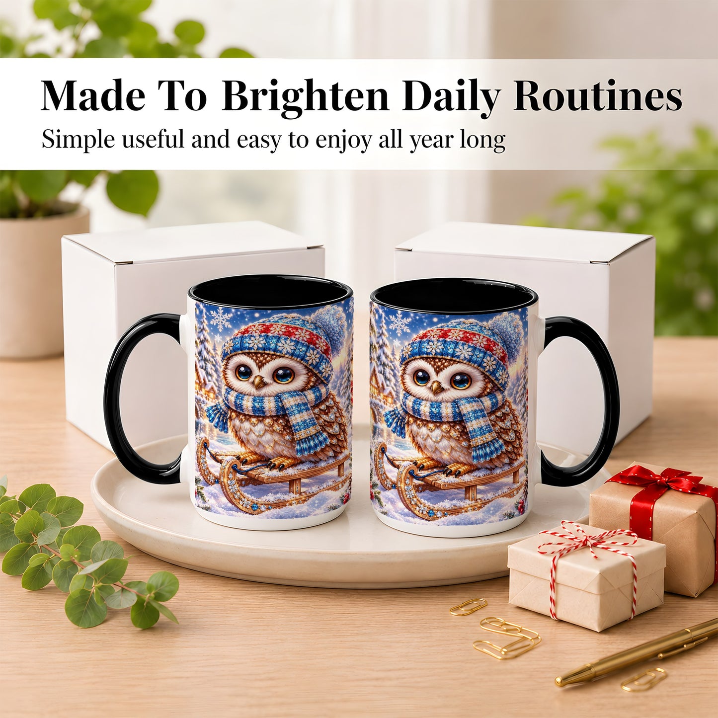 #pl[15oz|Black] Ornate Winter Owl Coffee Mug, Snowy Sled Owl Mug, Ceramic Cup