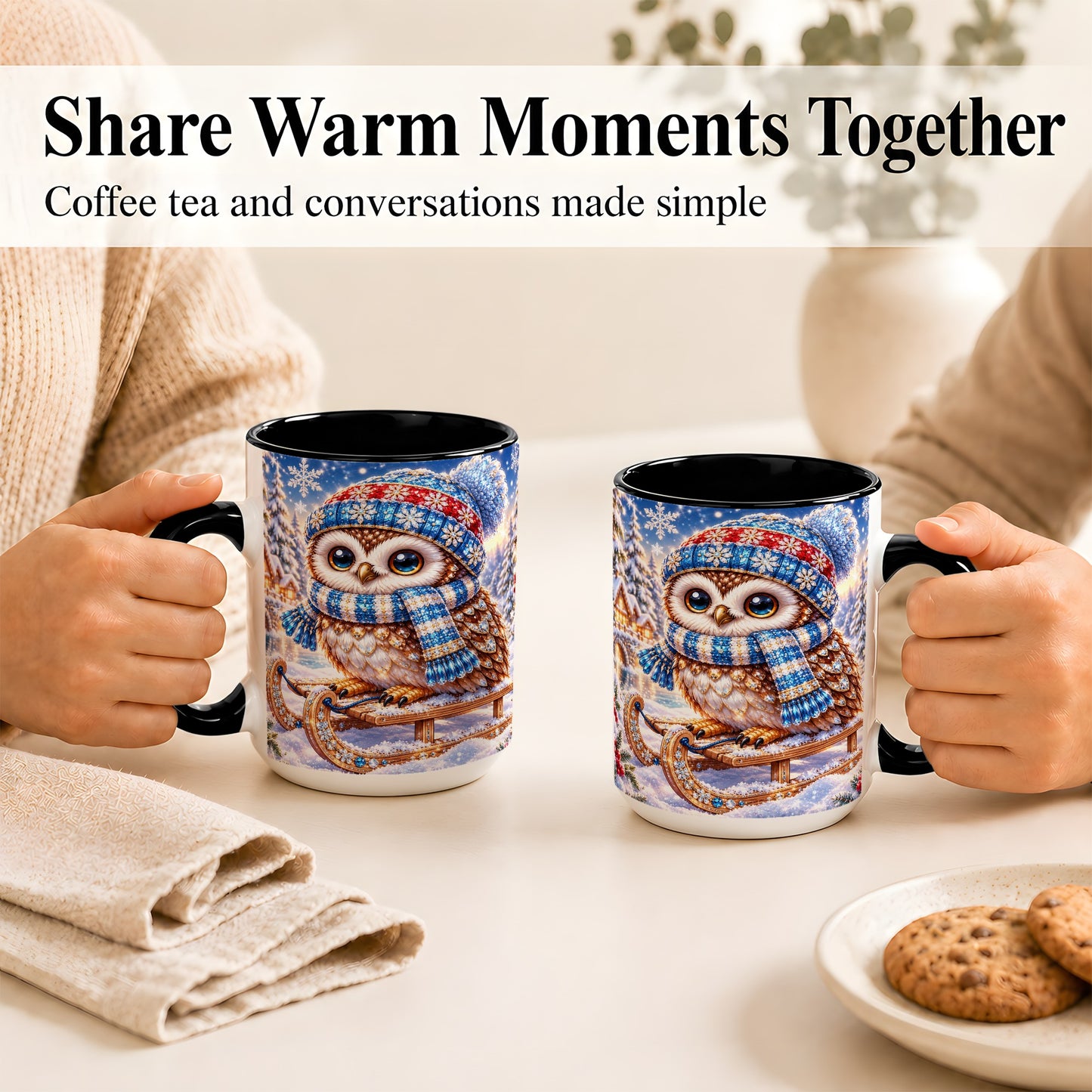 #pl[15oz|Black] Ornate Winter Owl Coffee Mug, Snowy Sled Owl Mug, Ceramic Cup