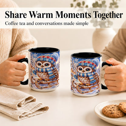#pl[15oz|Black] Ornate Winter Owl Coffee Mug, Snowy Sled Owl Mug, Ceramic Cup