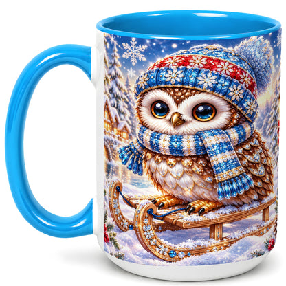 #pl[15oz|Blue] Ornate Winter Owl Coffee Mug, Snowy Sled Owl Mug, Ceramic Cup
