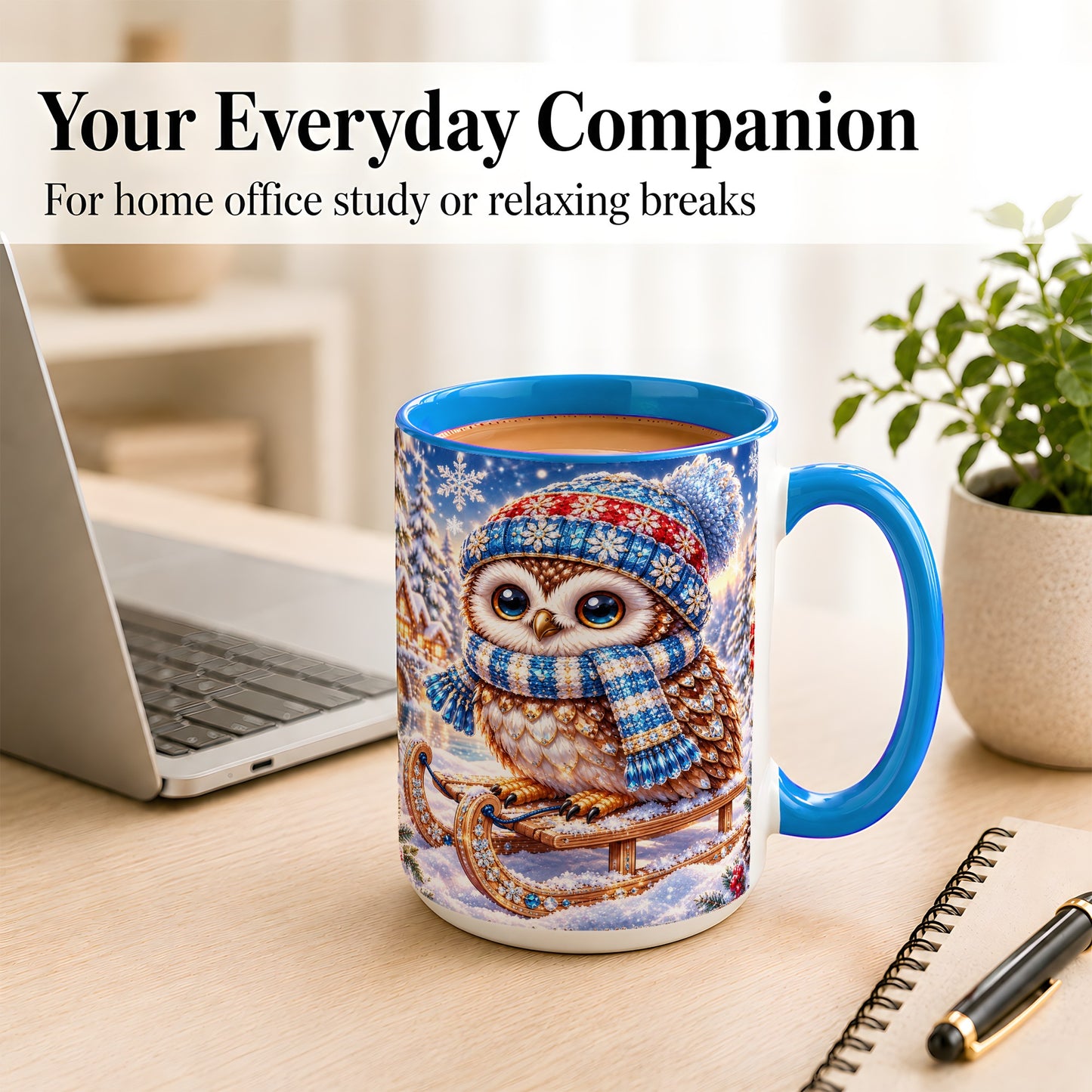 #pl[15oz|Blue] Ornate Winter Owl Coffee Mug, Snowy Sled Owl Mug, Ceramic Cup