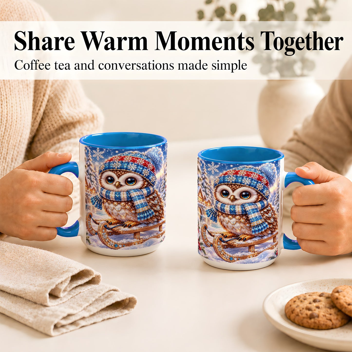 #pl[15oz|Blue] Ornate Winter Owl Coffee Mug, Snowy Sled Owl Mug, Ceramic Cup