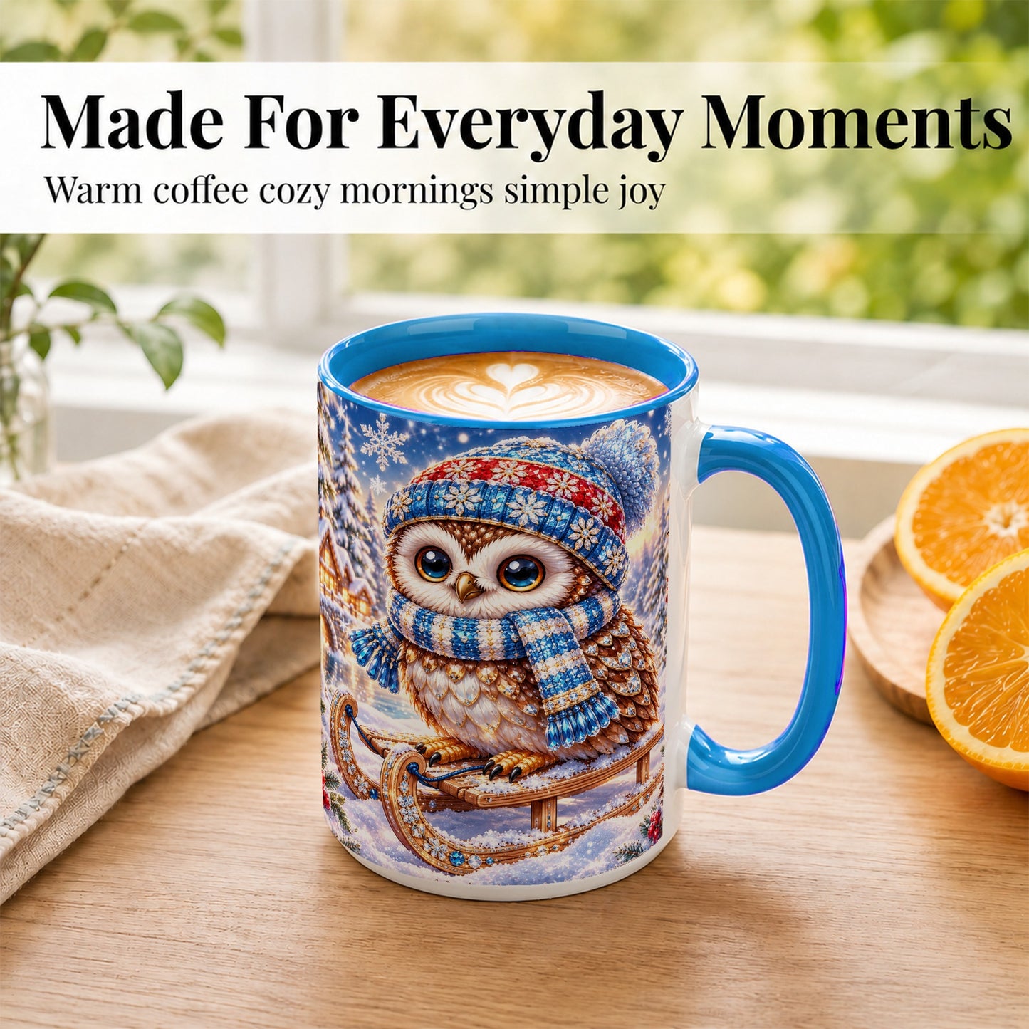 #pl[15oz|Blue] Ornate Winter Owl Coffee Mug, Snowy Sled Owl Mug, Ceramic Cup