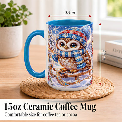 #pl[15oz|Blue] Ornate Winter Owl Coffee Mug, Snowy Sled Owl Mug, Ceramic Cup