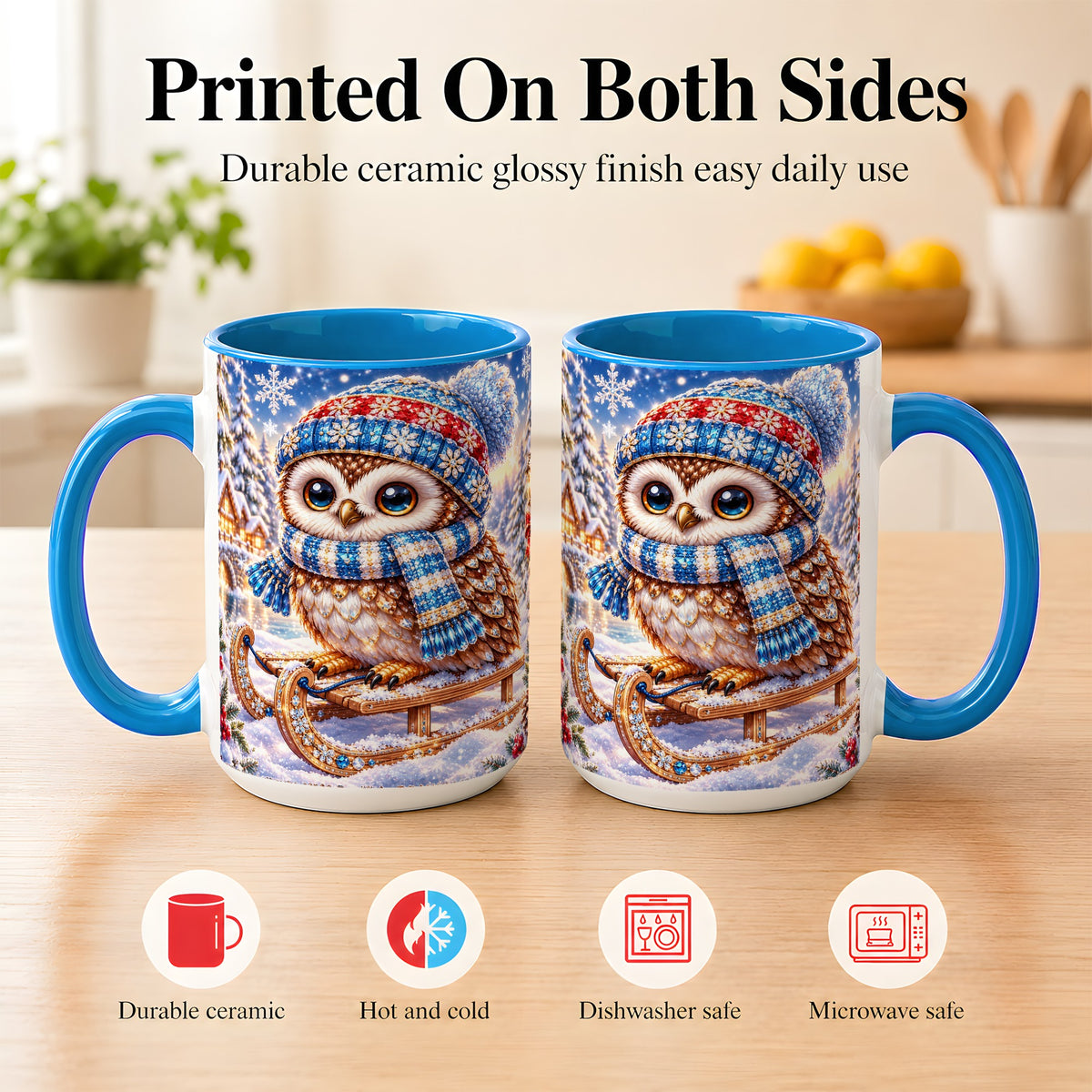 #pl[15oz|Blue] Ornate Winter Owl Coffee Mug, Snowy Sled Owl Mug, Ceramic Cup