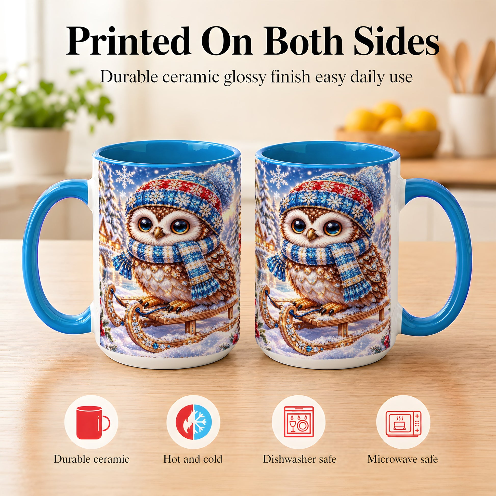 #pl[15oz|Blue] Ornate Winter Owl Coffee Mug, Snowy Sled Owl Mug, Ceramic Cup