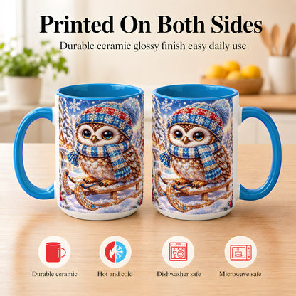 #pl[15oz|Blue] Ornate Winter Owl Coffee Mug, Snowy Sled Owl Mug, Ceramic Cup