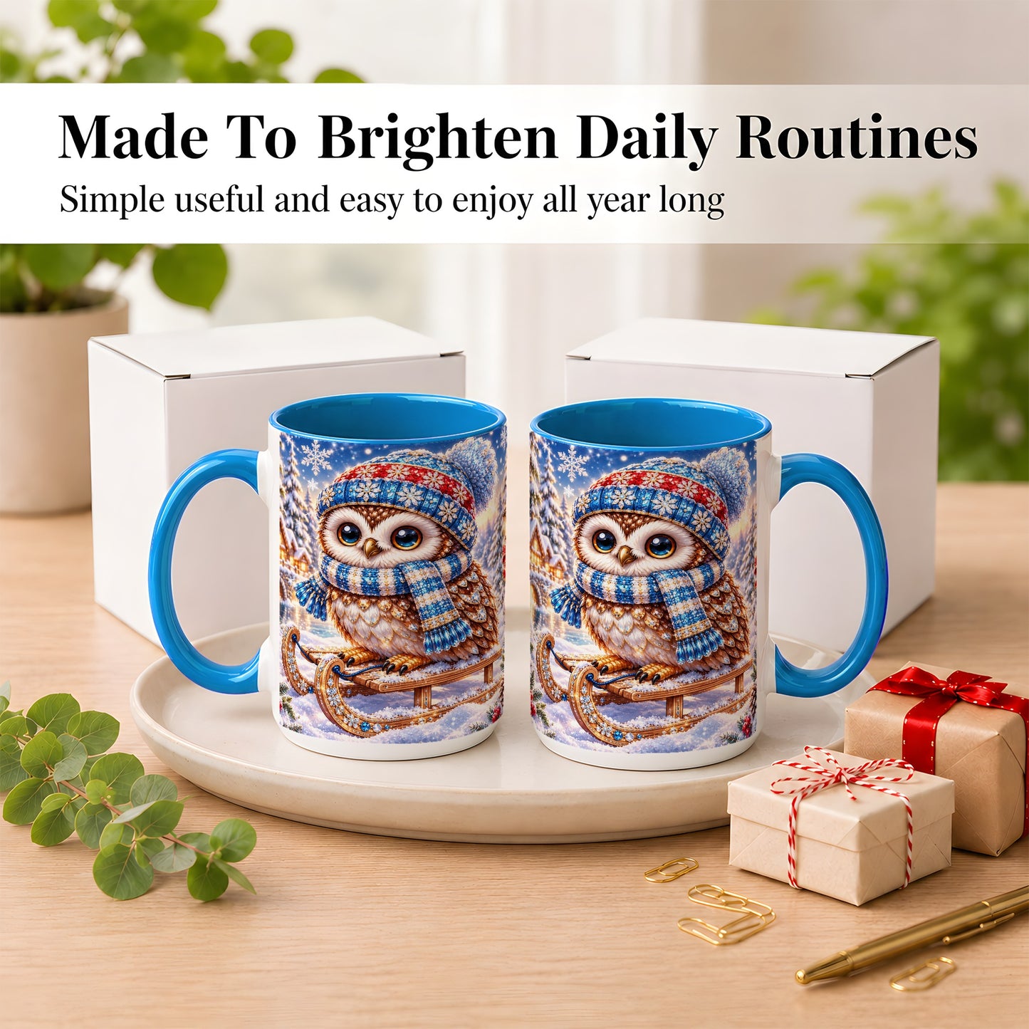 #pl[15oz|Blue] Ornate Winter Owl Coffee Mug, Snowy Sled Owl Mug, Ceramic Cup