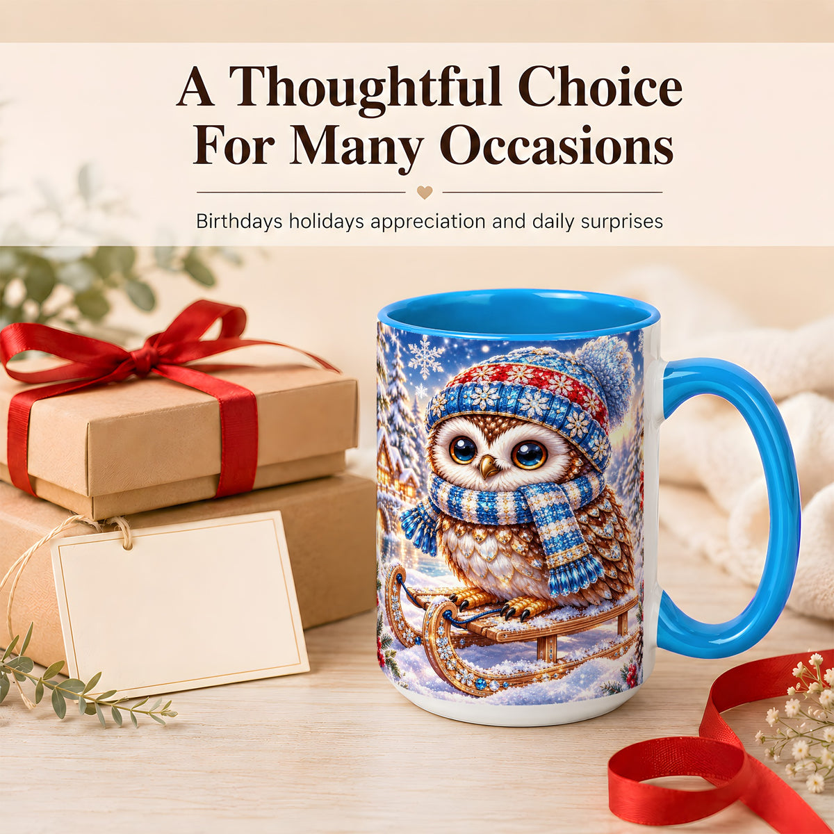 #pl[15oz|Blue] Ornate Winter Owl Coffee Mug, Snowy Sled Owl Mug, Ceramic Cup
