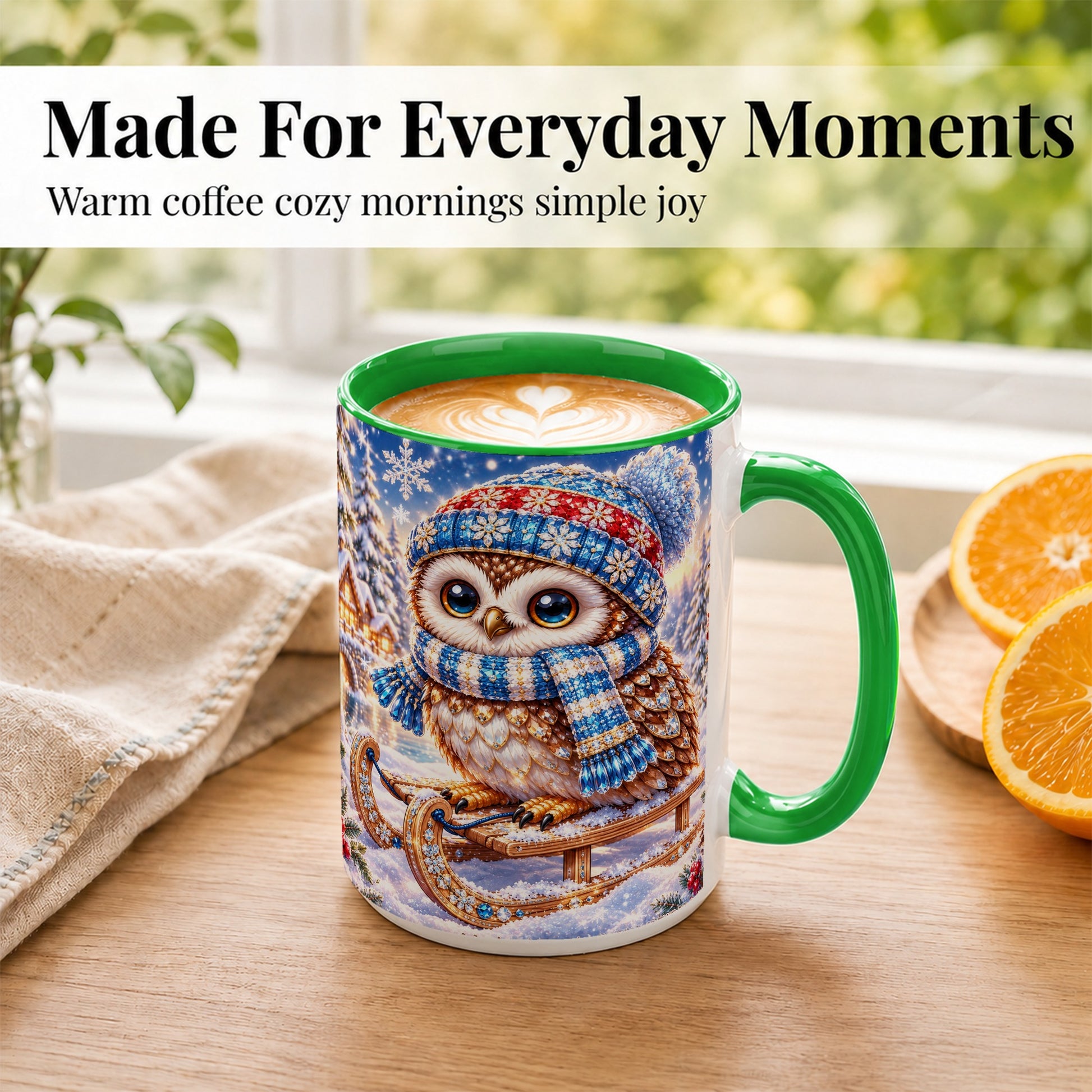 #pl[15oz|Green] Ornate Winter Owl Coffee Mug, Snowy Sled Owl Mug, Ceramic Cup