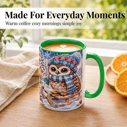 #pl[15oz|Green] Ornate Winter Owl Coffee Mug, Snowy Sled Owl Mug, Ceramic Cup