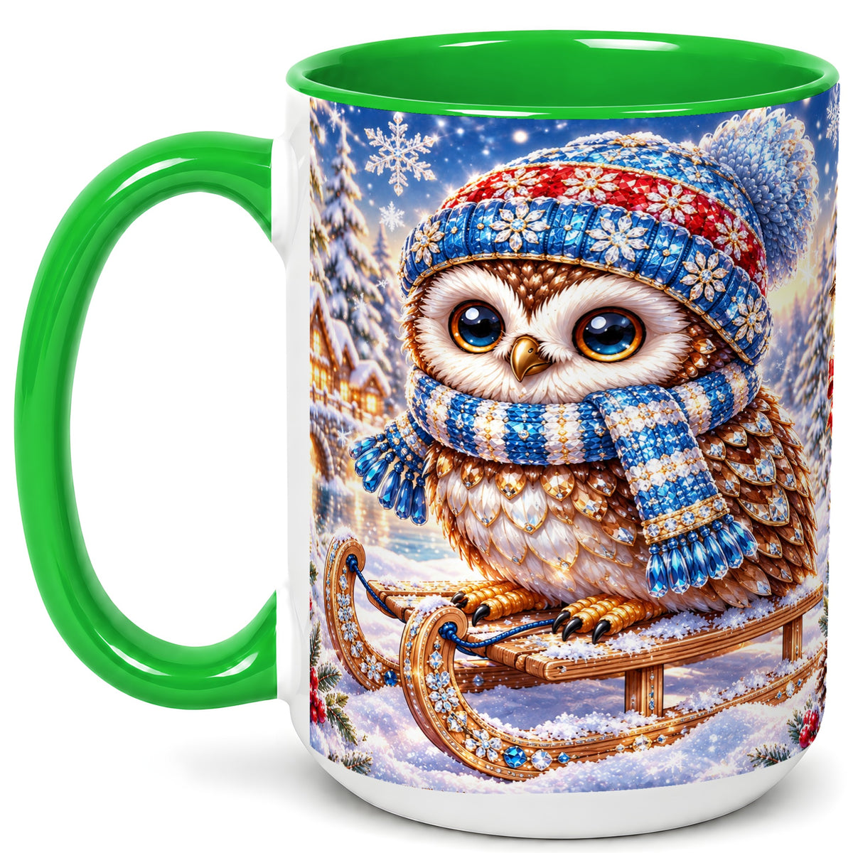 #pl[15oz|Green] Ornate Winter Owl Coffee Mug, Snowy Sled Owl Mug, Ceramic Cup
