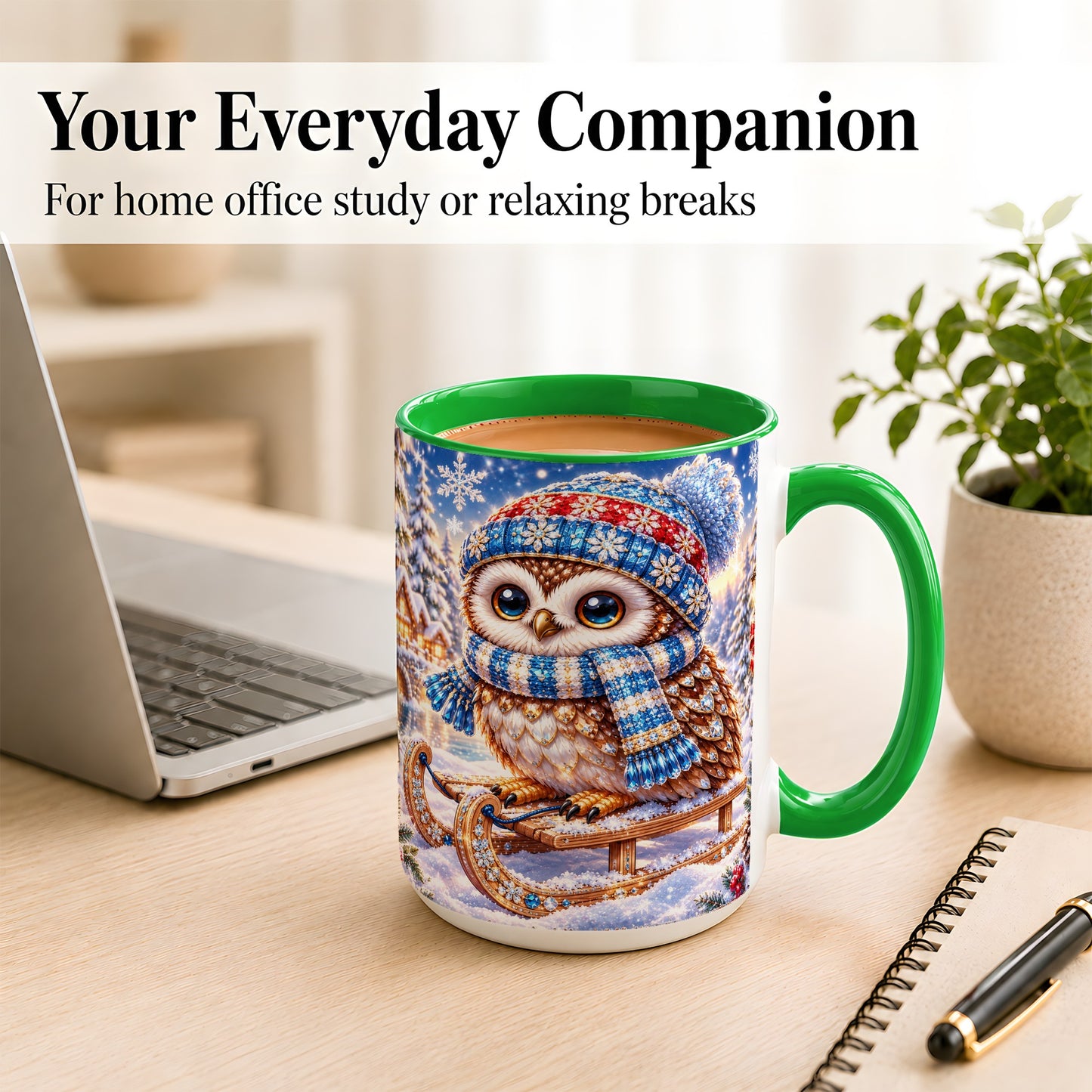 #pl[15oz|Green] Ornate Winter Owl Coffee Mug, Snowy Sled Owl Mug, Ceramic Cup