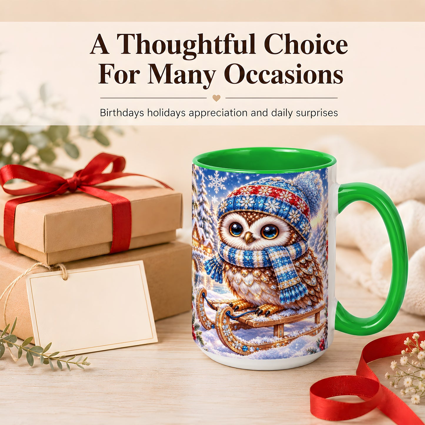 #pl[15oz|Green] Ornate Winter Owl Coffee Mug, Snowy Sled Owl Mug, Ceramic Cup
