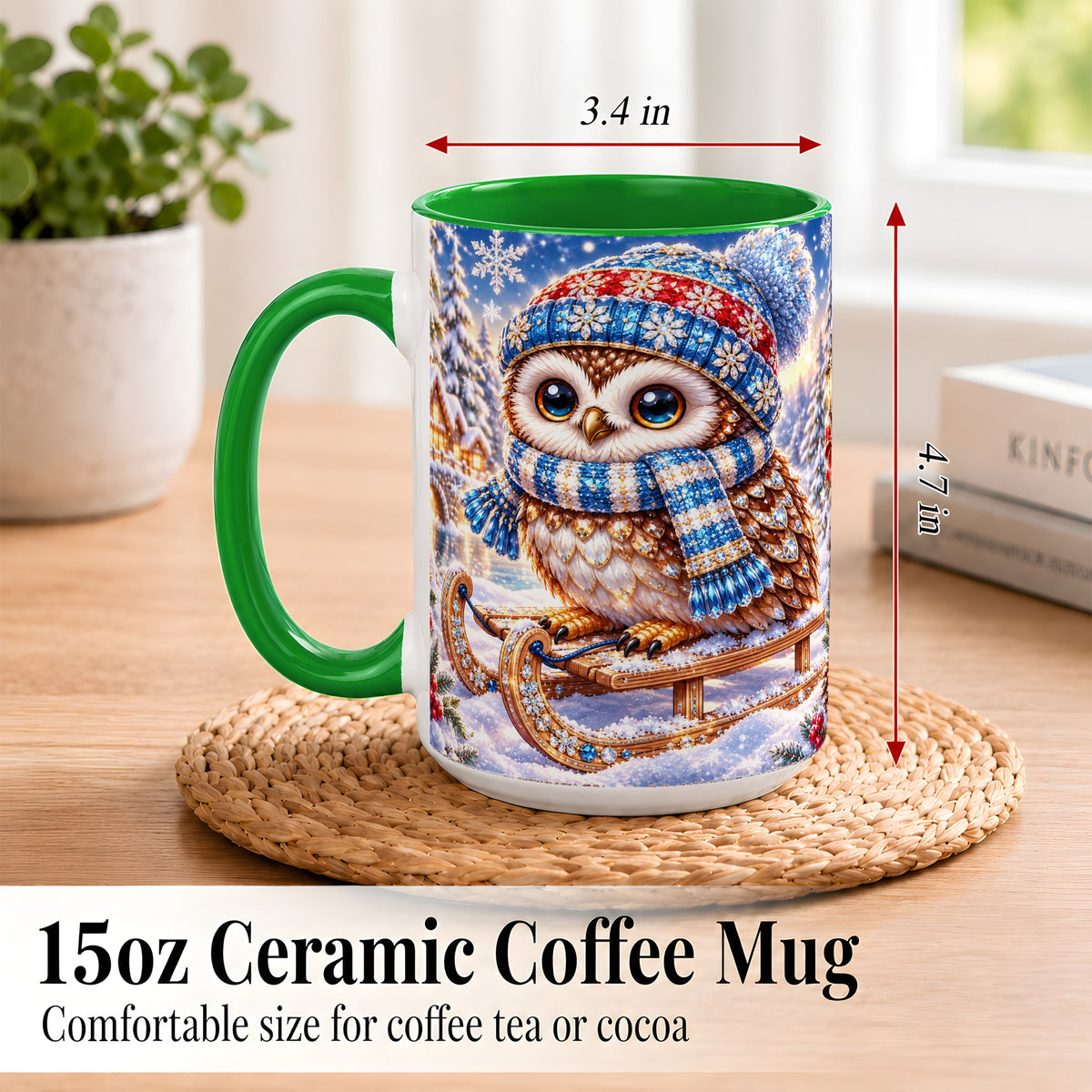 #pl[15oz|Green] Ornate Winter Owl Coffee Mug, Snowy Sled Owl Mug, Ceramic Cup