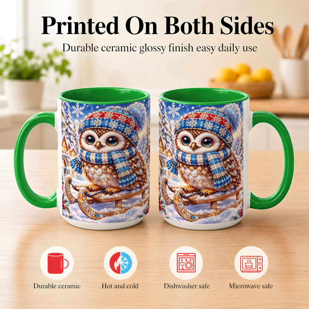 #pl[15oz|Green] Ornate Winter Owl Coffee Mug, Snowy Sled Owl Mug, Ceramic Cup