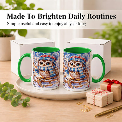 #pl[15oz|Green] Ornate Winter Owl Coffee Mug, Snowy Sled Owl Mug, Ceramic Cup