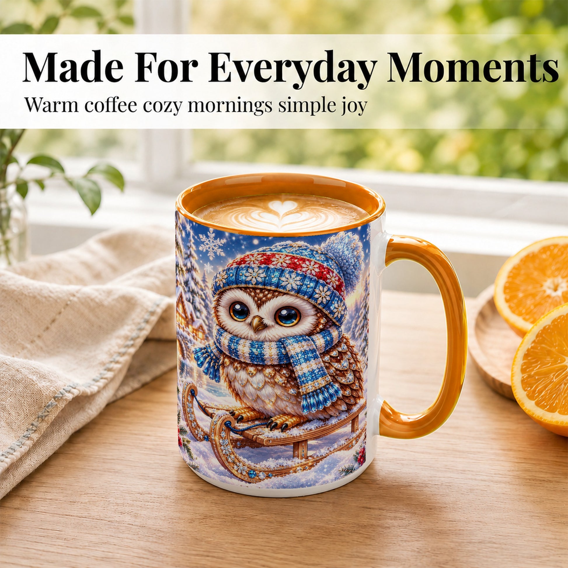 #pl[15oz|Orange] Ornate Winter Owl Coffee Mug, Snowy Sled Owl Mug, Ceramic Cup