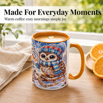 #pl[15oz|Orange] Ornate Winter Owl Coffee Mug, Snowy Sled Owl Mug, Ceramic Cup