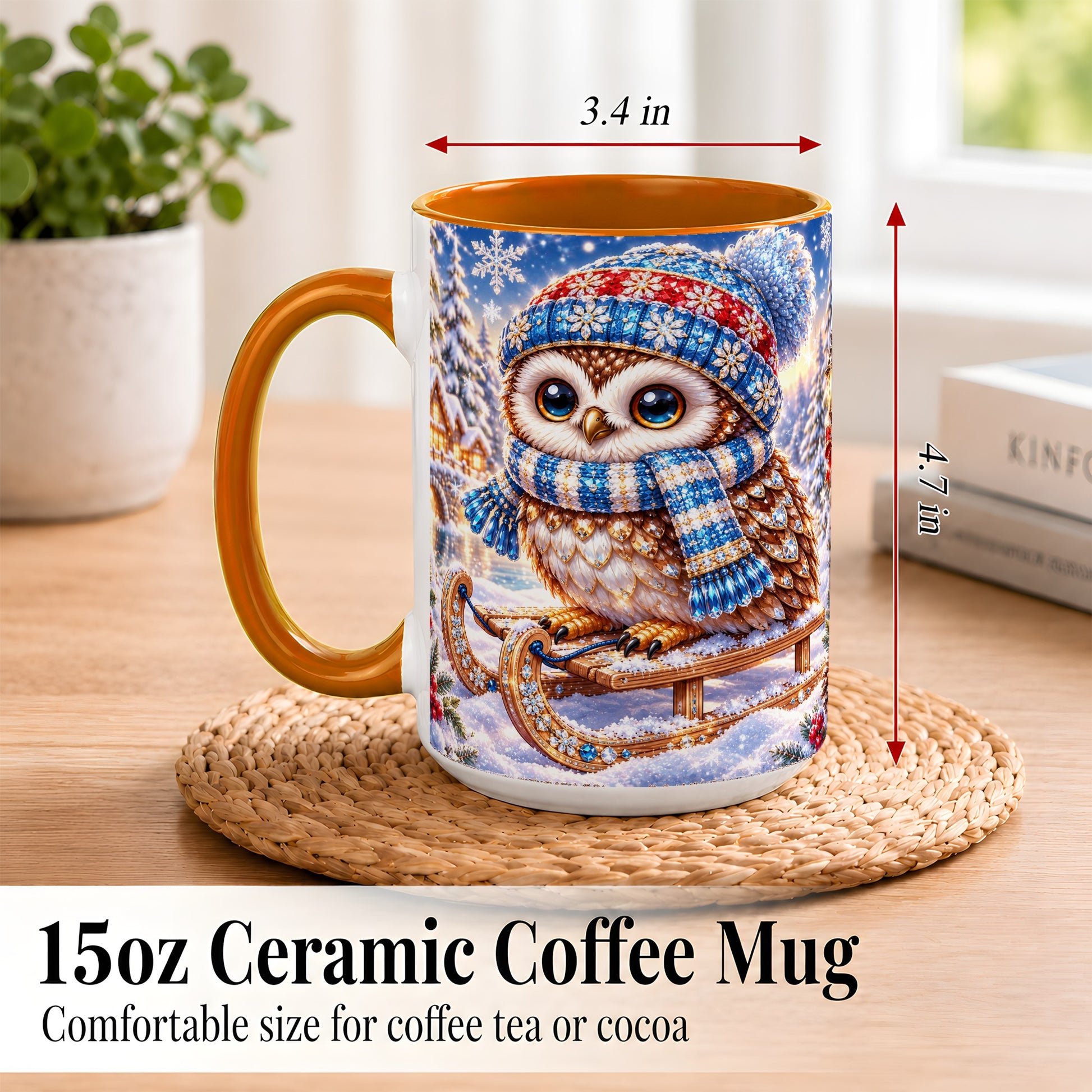 #pl[15oz|Orange] Ornate Winter Owl Coffee Mug, Snowy Sled Owl Mug, Ceramic Cup