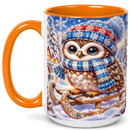 #pl[15oz|Orange] Ornate Winter Owl Coffee Mug, Snowy Sled Owl Mug, Ceramic Cup