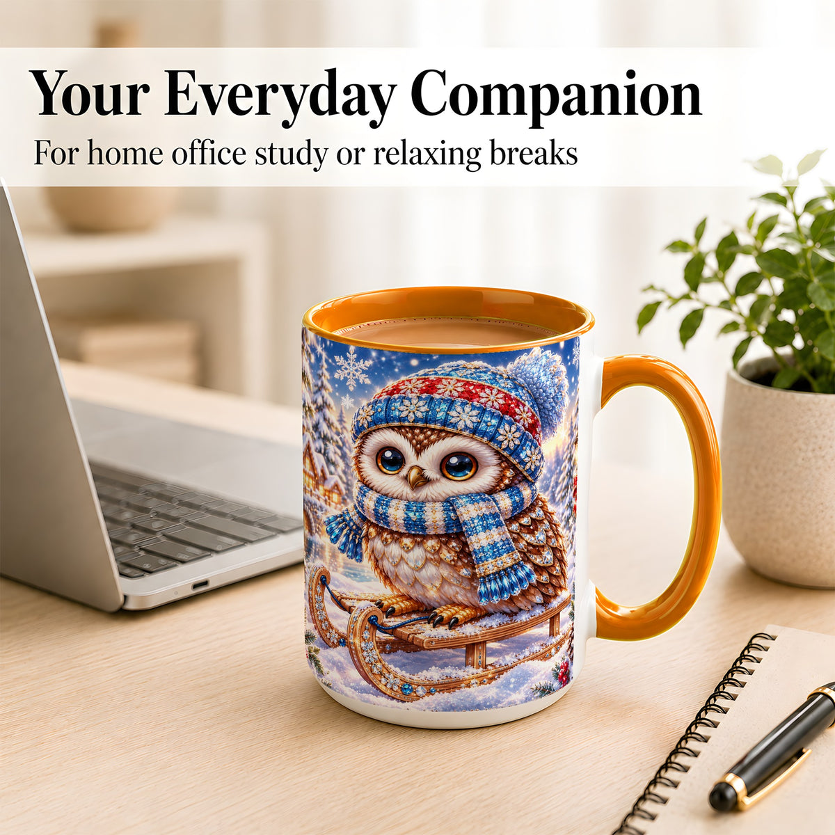#pl[15oz|Orange] Ornate Winter Owl Coffee Mug, Snowy Sled Owl Mug, Ceramic Cup
