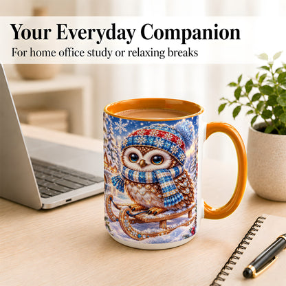 #pl[15oz|Orange] Ornate Winter Owl Coffee Mug, Snowy Sled Owl Mug, Ceramic Cup