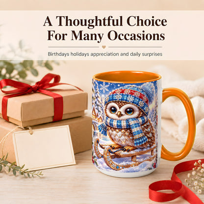 #pl[15oz|Orange] Ornate Winter Owl Coffee Mug, Snowy Sled Owl Mug, Ceramic Cup