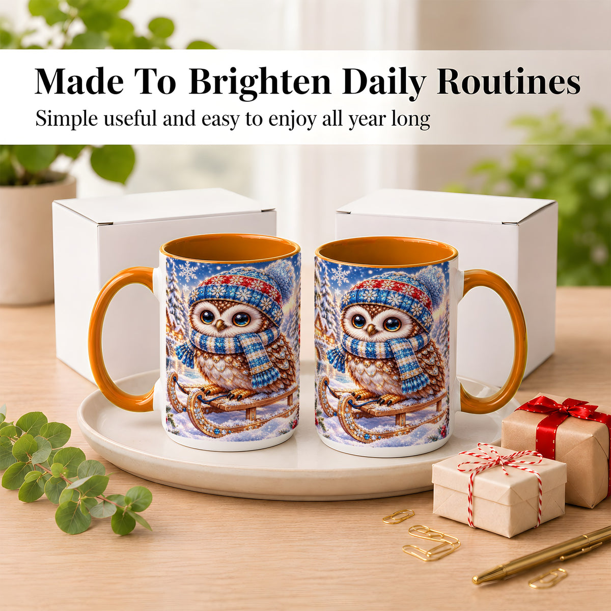#pl[15oz|Orange] Ornate Winter Owl Coffee Mug, Snowy Sled Owl Mug, Ceramic Cup