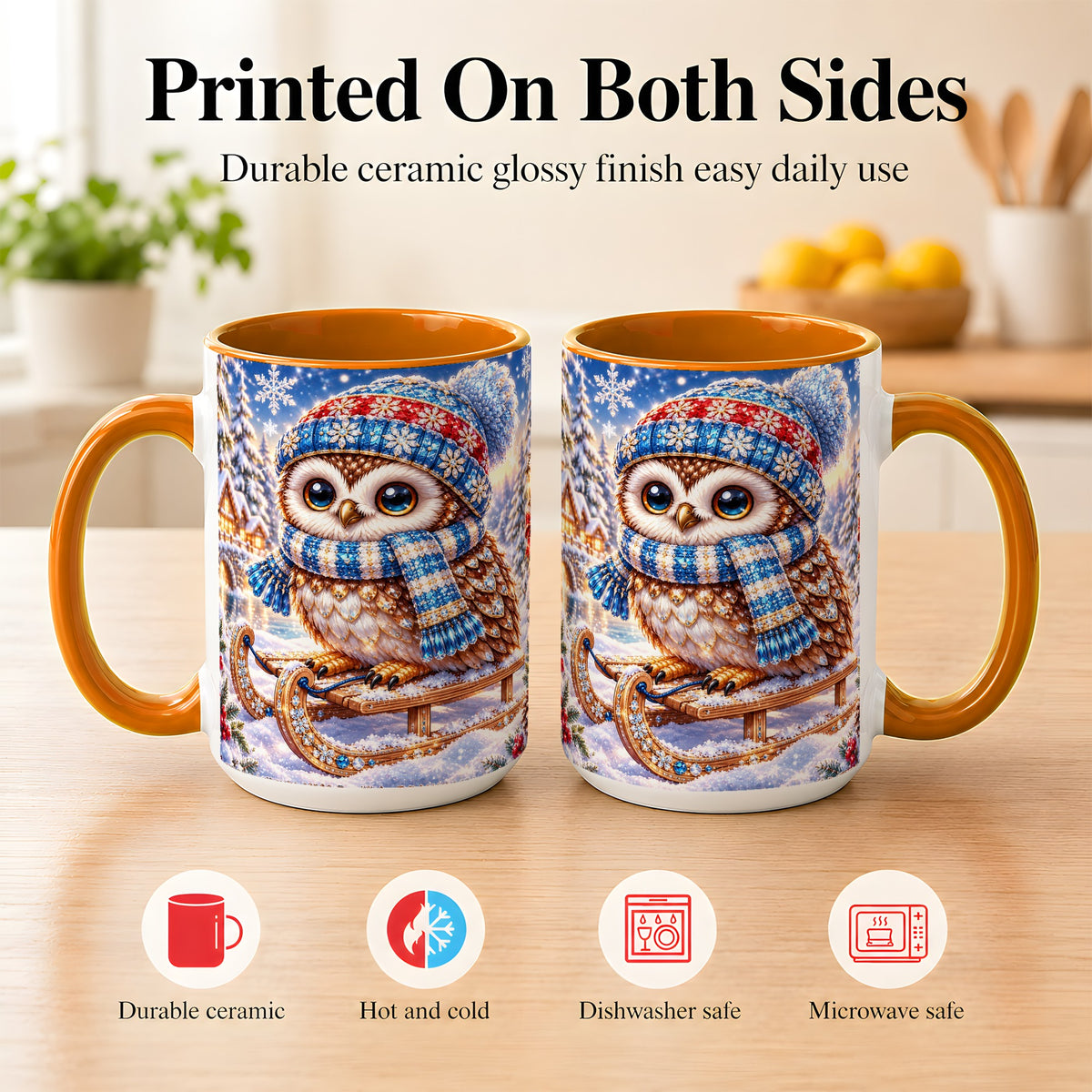 #pl[15oz|Orange] Ornate Winter Owl Coffee Mug, Snowy Sled Owl Mug, Ceramic Cup