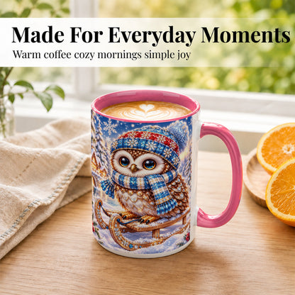#pl[15oz|Pink] Ornate Winter Owl Coffee Mug, Snowy Sled Owl Mug, Ceramic Cup