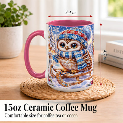 #pl[15oz|Pink] Ornate Winter Owl Coffee Mug, Snowy Sled Owl Mug, Ceramic Cup