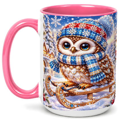 #pl[15oz|Pink] Ornate Winter Owl Coffee Mug, Snowy Sled Owl Mug, Ceramic Cup