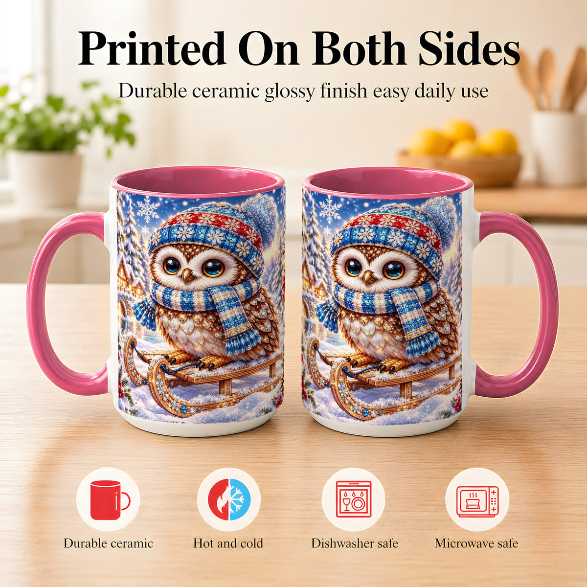 #pl[15oz|Pink] Ornate Winter Owl Coffee Mug, Snowy Sled Owl Mug, Ceramic Cup