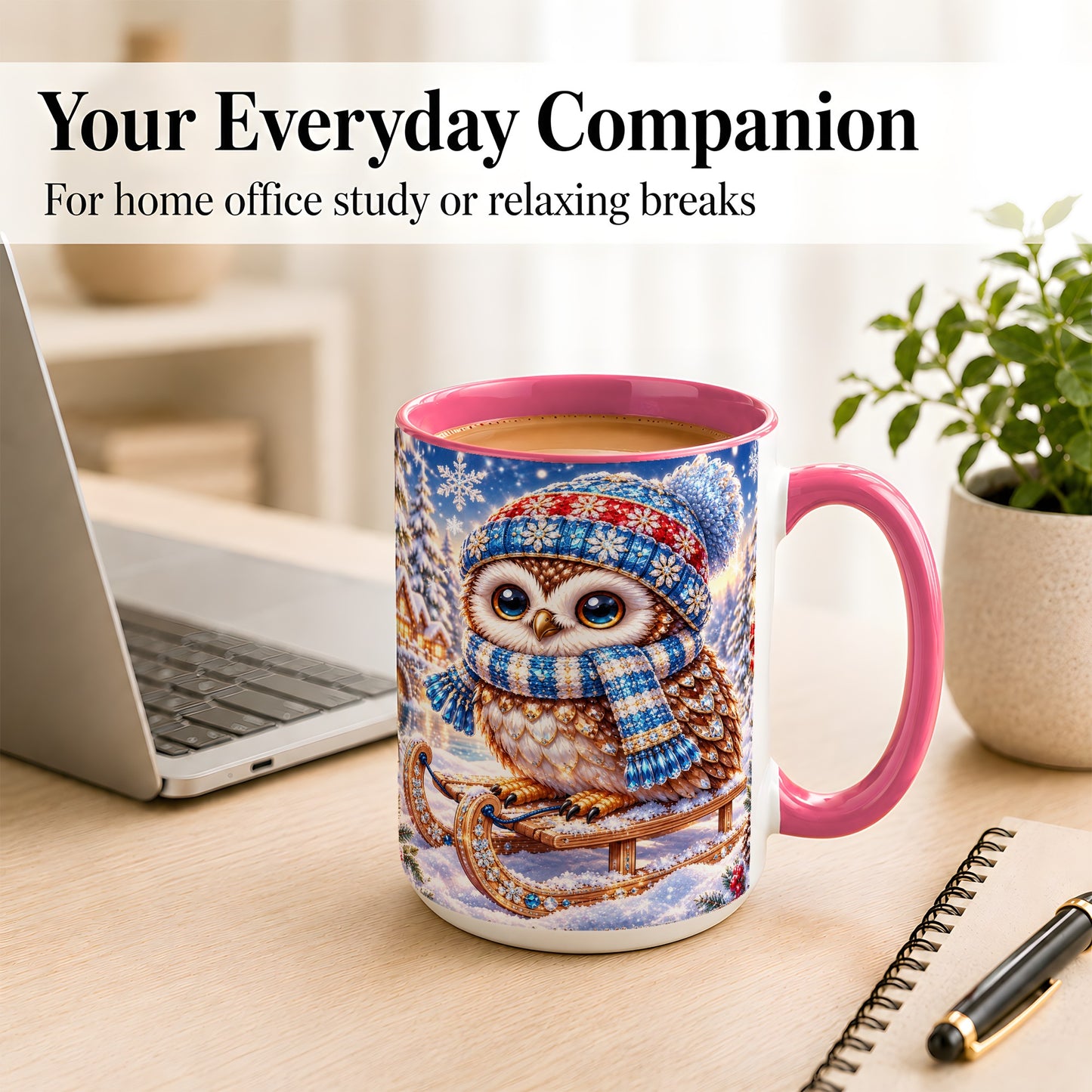 #pl[15oz|Pink] Ornate Winter Owl Coffee Mug, Snowy Sled Owl Mug, Ceramic Cup