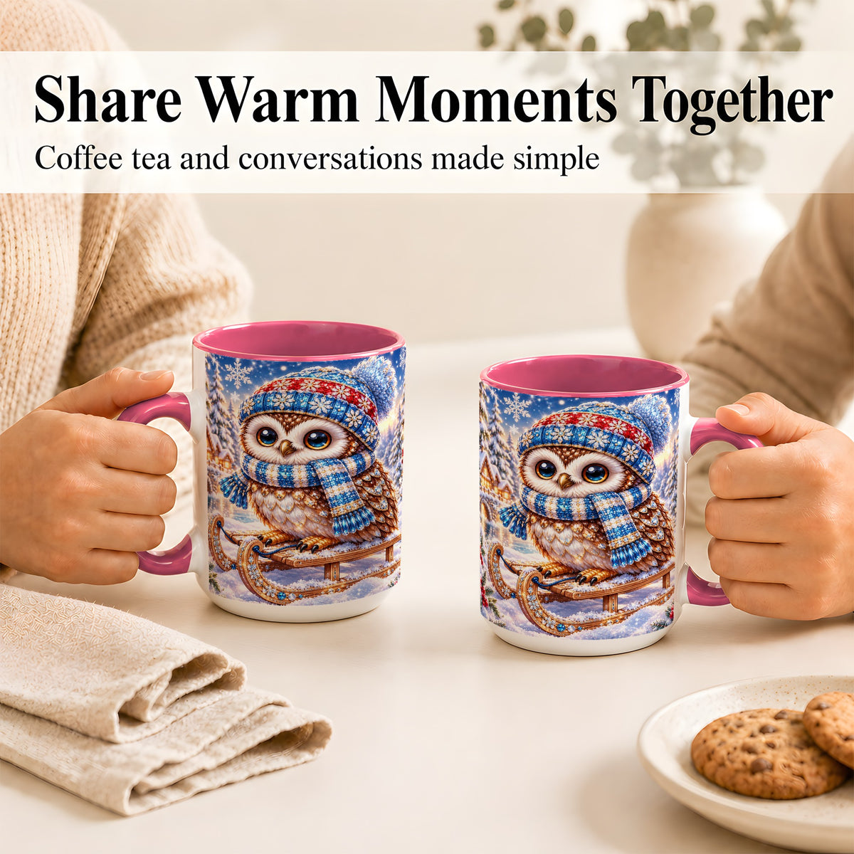 #pl[15oz|Pink] Ornate Winter Owl Coffee Mug, Snowy Sled Owl Mug, Ceramic Cup