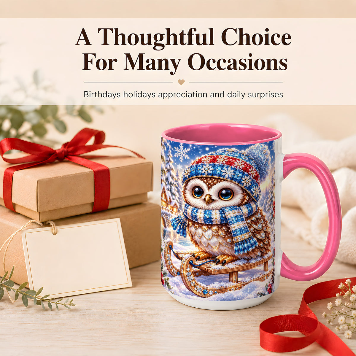 #pl[15oz|Pink] Ornate Winter Owl Coffee Mug, Snowy Sled Owl Mug, Ceramic Cup