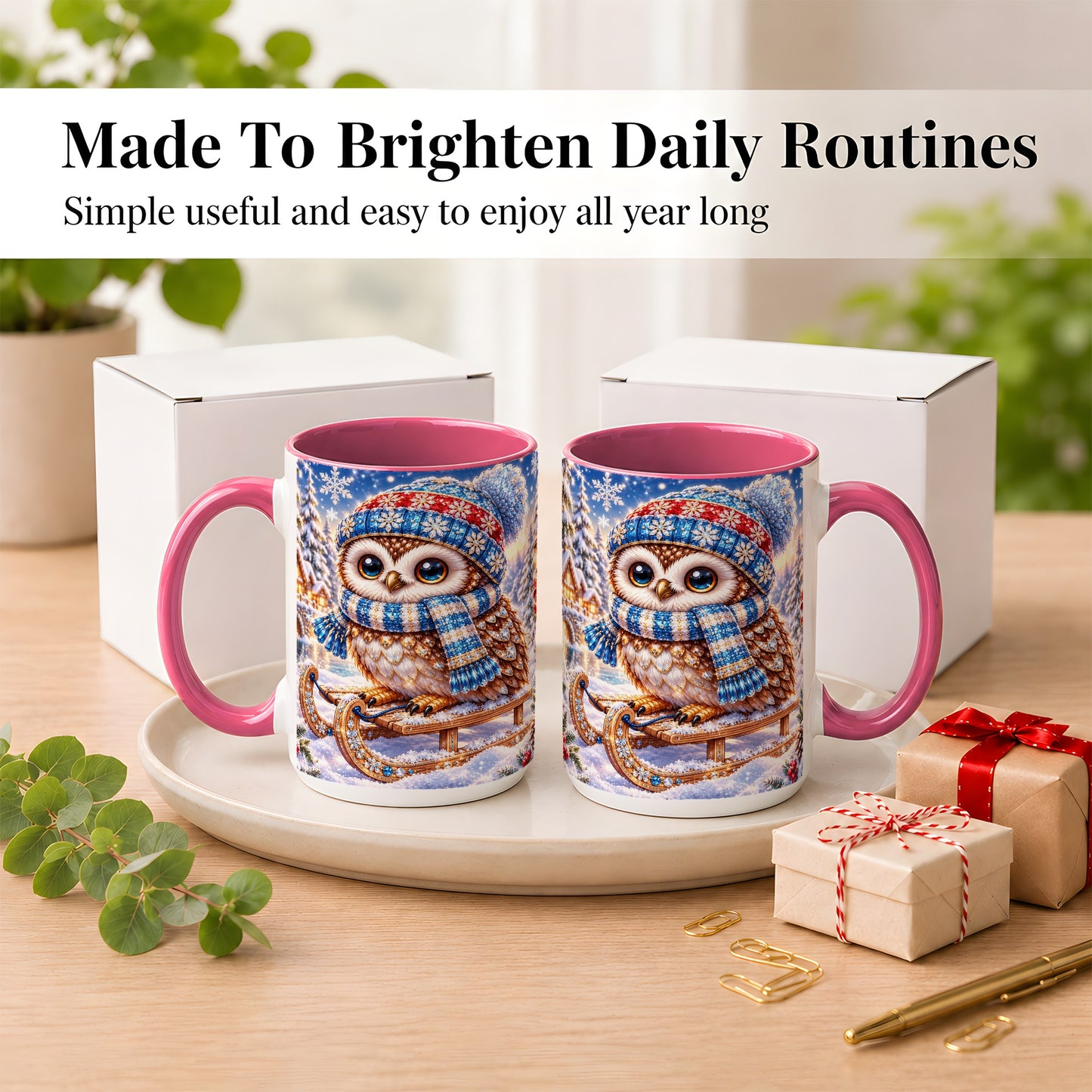#pl[15oz|Pink] Ornate Winter Owl Coffee Mug, Snowy Sled Owl Mug, Ceramic Cup