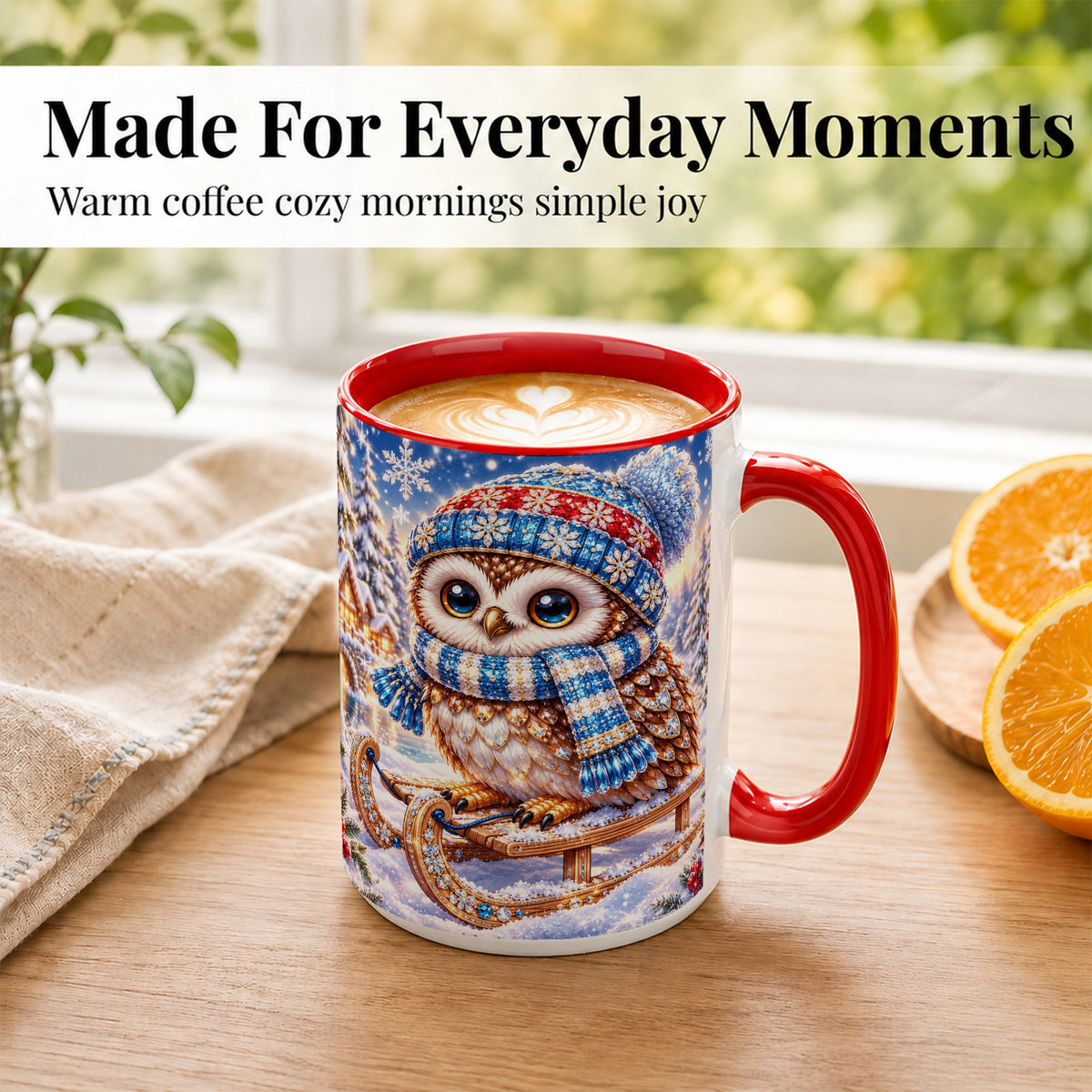 #pl[15oz|Red] Ornate Winter Owl Coffee Mug, Snowy Sled Owl Mug, Ceramic Cup