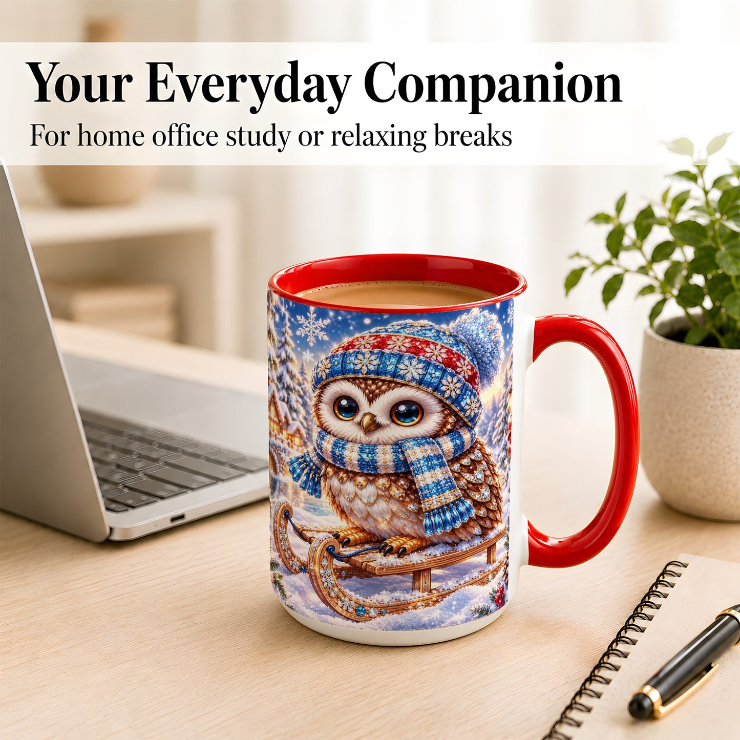 #pl[15oz|Red] Ornate Winter Owl Coffee Mug, Snowy Sled Owl Mug, Ceramic Cup
