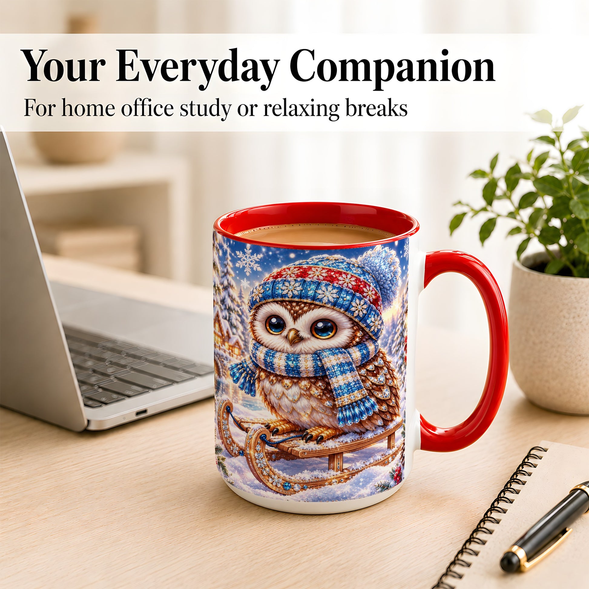 #pl[15oz|Red] Ornate Winter Owl Coffee Mug, Snowy Sled Owl Mug, Ceramic Cup