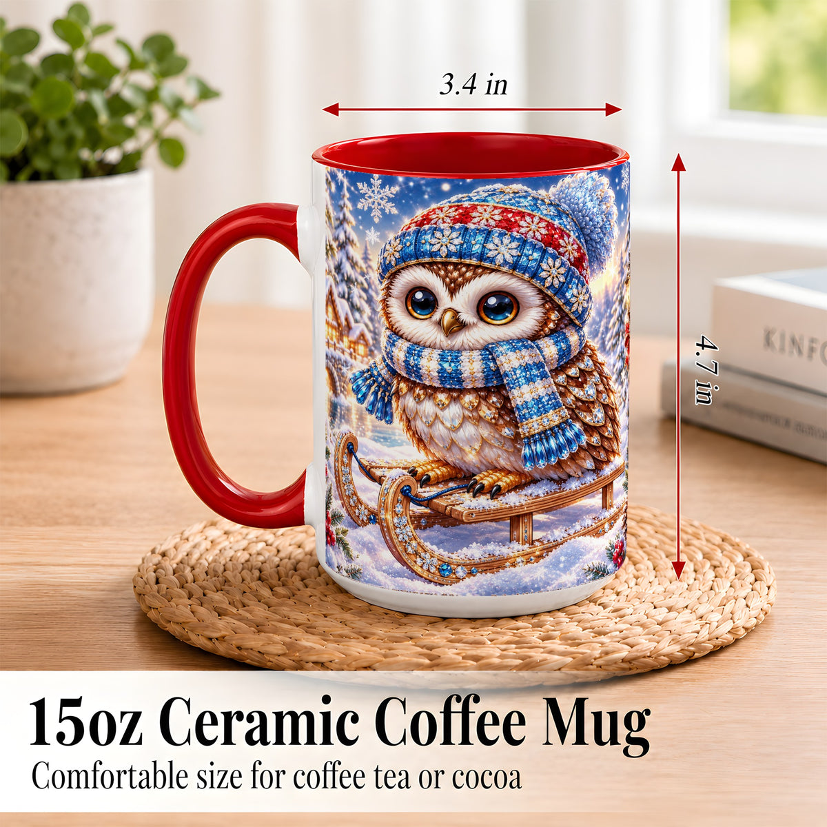 #pl[15oz|Red] Ornate Winter Owl Coffee Mug, Snowy Sled Owl Mug, Ceramic Cup