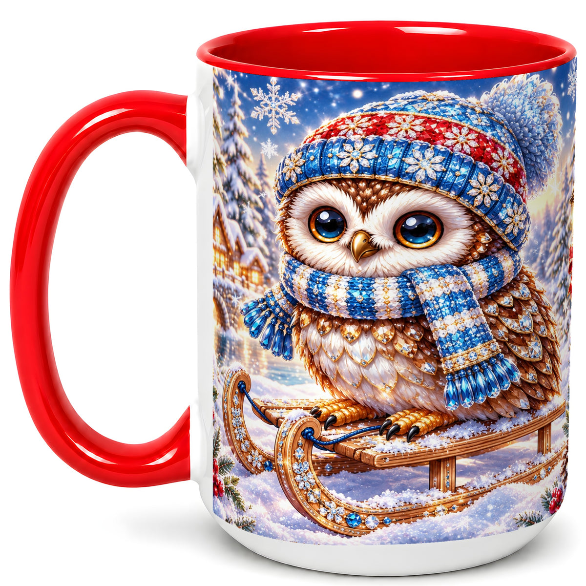 #pl[15oz|Red] Ornate Winter Owl Coffee Mug, Snowy Sled Owl Mug, Ceramic Cup