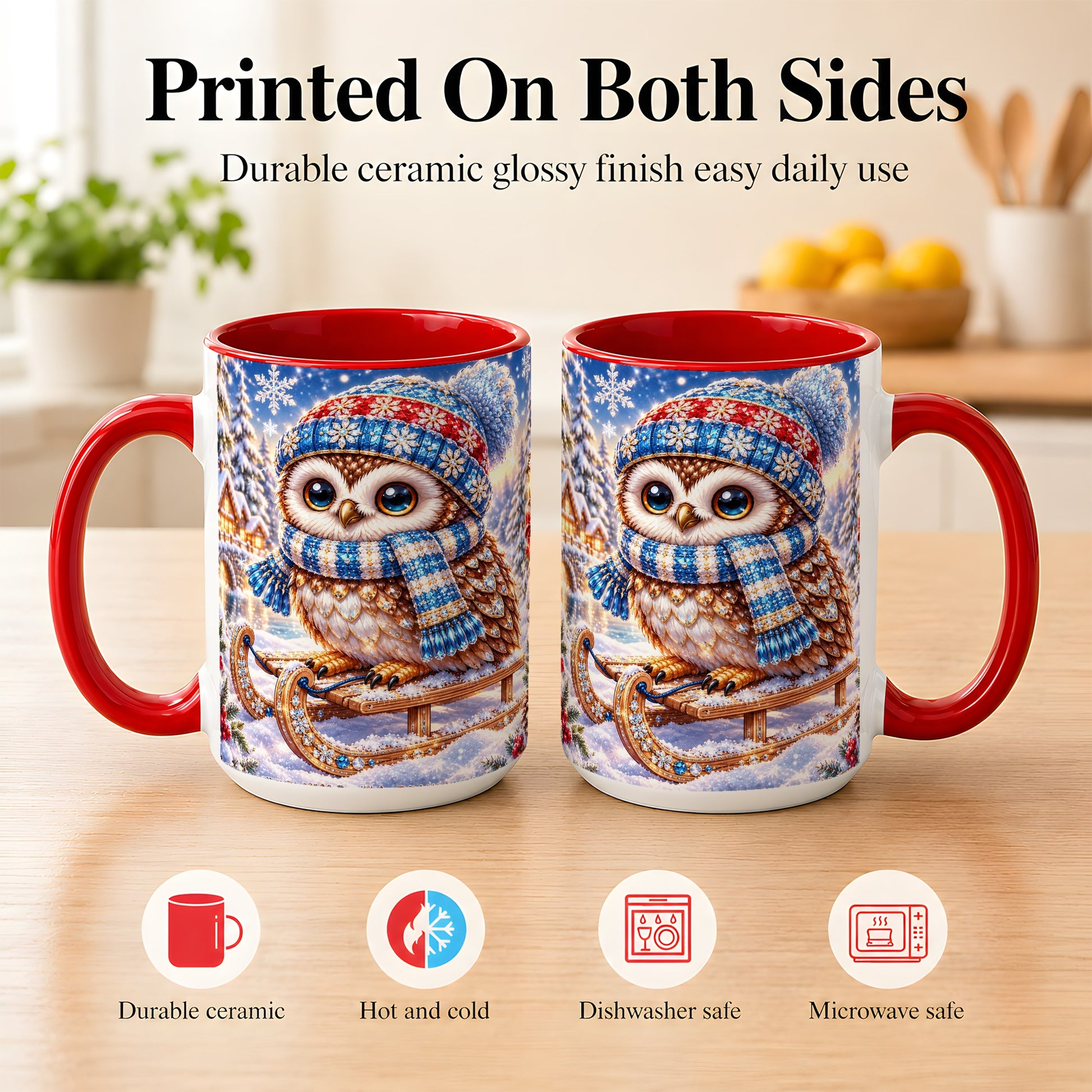 #pl[15oz|Red] Ornate Winter Owl Coffee Mug, Snowy Sled Owl Mug, Ceramic Cup