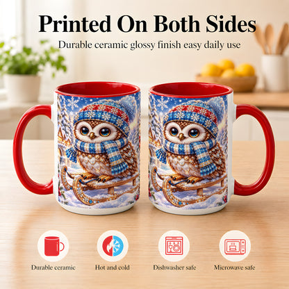#pl[15oz|Red] Ornate Winter Owl Coffee Mug, Snowy Sled Owl Mug, Ceramic Cup