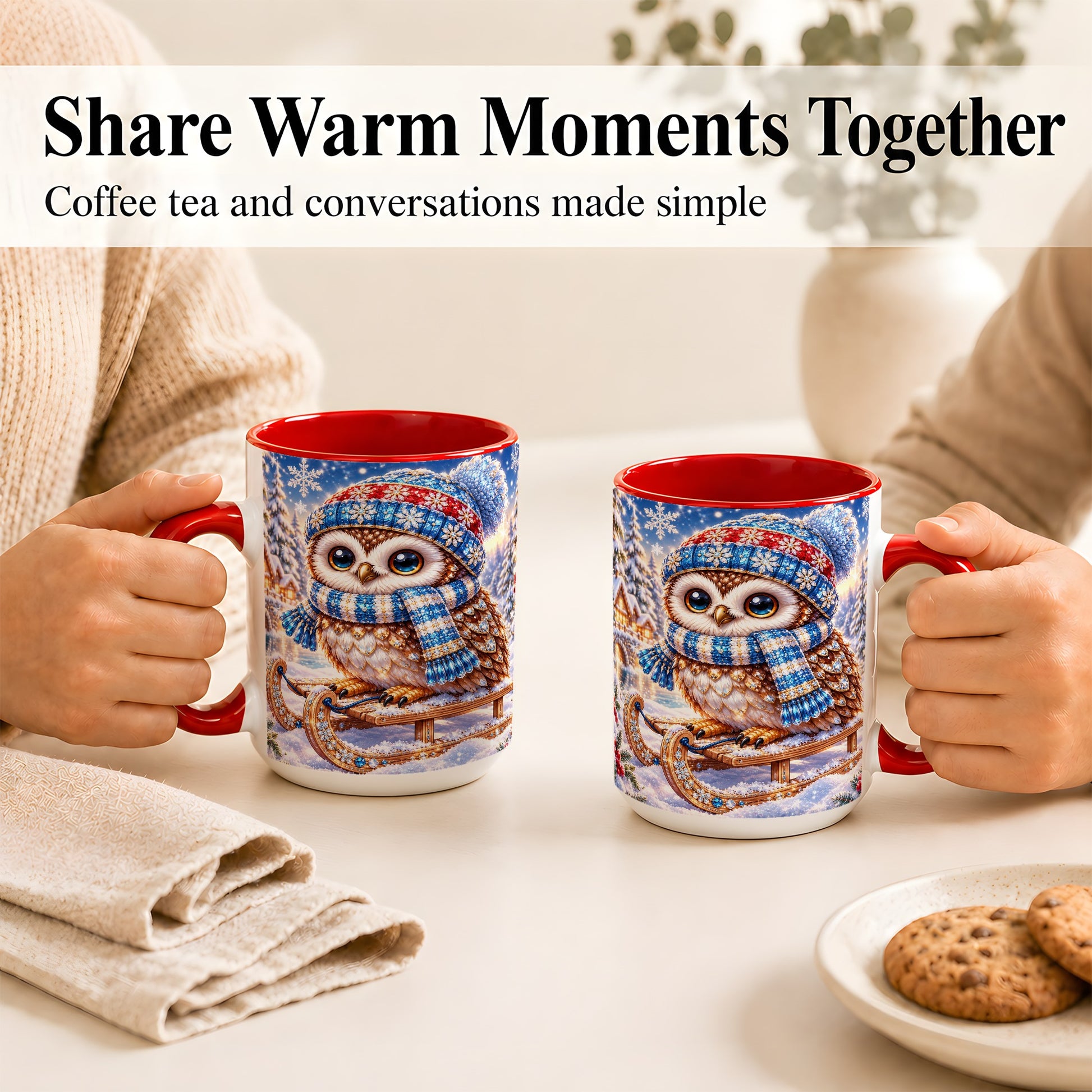 #pl[15oz|Red] Ornate Winter Owl Coffee Mug, Snowy Sled Owl Mug, Ceramic Cup
