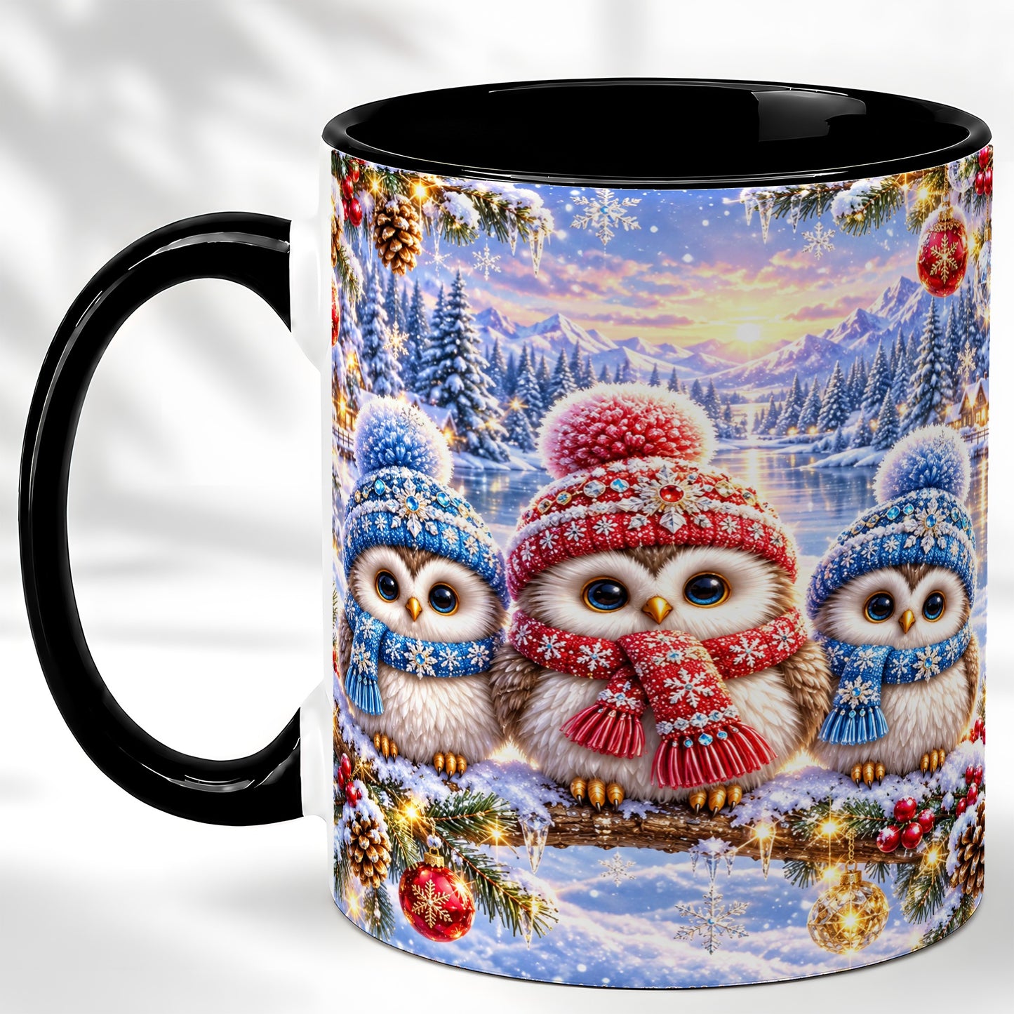 #pl[11oz|Black] Christmas Owl Trio Coffee Mug, Winter Bird Mug, Ceramic Cup